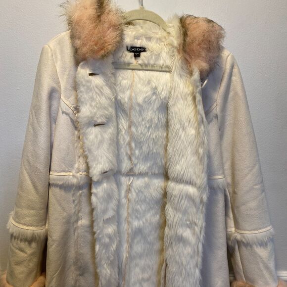 Y2K Glam VTG Bebe Penny Lane Faux Fur Suede Large Hooded Winter Coat Cream Pink - Picture 3 of 13